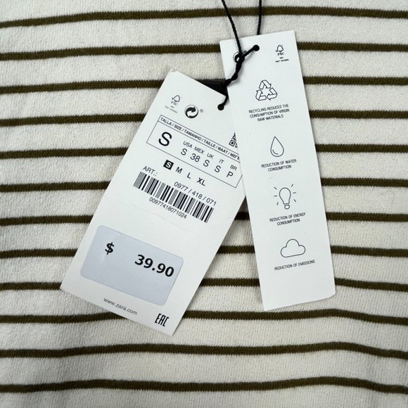 Zara T Shirt Short Sleeve Striped Olive Green Cream Crew Neck Ringer Mens S NWT - Picture 4 of 4